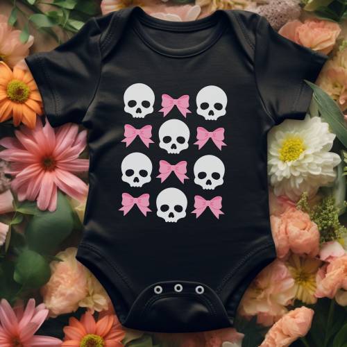 Funny Goth Babysuit, Baby Shower Gift For Goth Mom, Skull Coquette Bodysuit, Funny Ballet Core Pink Bow Romper, Goth Pregnancy Announcement