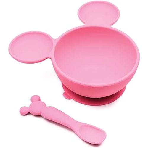 Bumkins Baby Bowls, Disney Minnie Mouse Silicone Baby Feeding Set, Suction Bowls for Baby and Toddler with Spoon, First Feeding Set, Platinum Silicone Bowl for Babies 4 Months