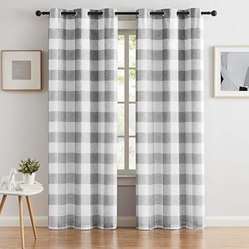 Gray White Buffalo Plaid Full Blackout Window Curtains 84 Inches Long Farmhouse Geo Checkered Panels Linen Textured Grommet Drapes Noise Reducing Window Treatment for Bedroom,Living Room,40"x84"x2