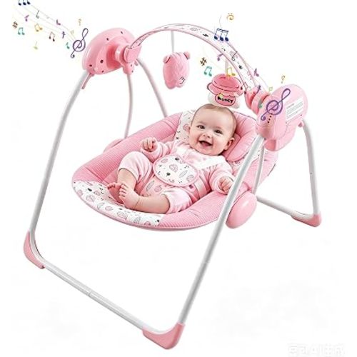 Baby Swing for Infants, Compact Foldable Newborn Swing with 5 Speeds, Music & Soothing, Cute Floral Pattern Soft Cushion Seat,Timer & Removable Bar, Indoor Use, 0-9 Months (6-20 lbs) Pink