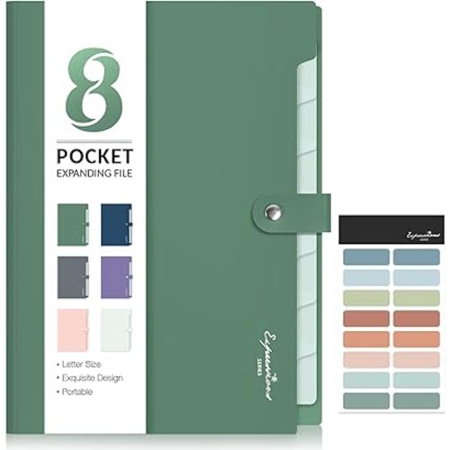 Sooez Elegant Accordion File Organizer with Labels, 8 Pocket Expanding File Folder, Portable Folders for Documents, Cute Paper Organizer for School Office Supplies, Letter Size, Dark Green
