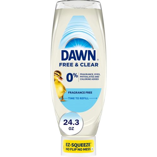 Dawn Free & Clear EZ-Squeeze Dish Soap Liquid, Dishwashing Liquid, Grease Removal, Upside Down Bottle, Unscented, 24.3 Fl Oz