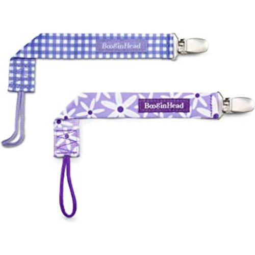 BooginHead Pacifier Clip Baby Pacifier Holder PaciGrip 2-Pack, Purple Daisies and Gingham