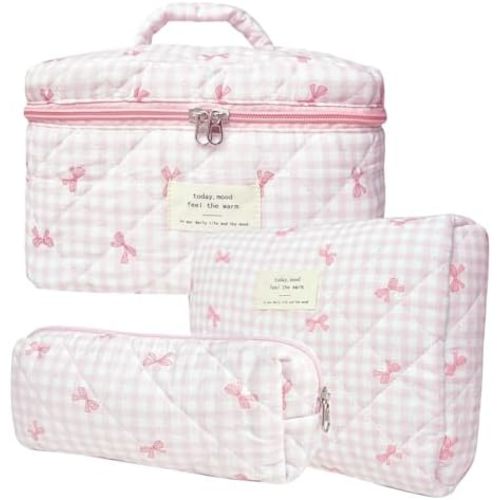 3 Pcs Cotton Quilted Makeup Bag Set, Floral Cotton Cosmetic Bag, Aesthetic Toiletry Travel Organizer Bag for Women (Pink Gingham Bow)