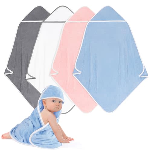 UNIMADE Hooded Towel for Newborns, 4 Pack Soft Coral Fleece Baby Towels, Ultra Absorbent Bath Cloths Bulk for Infants, Toddlers, Newborn Essential- 30 x 30 inch - Multicolor