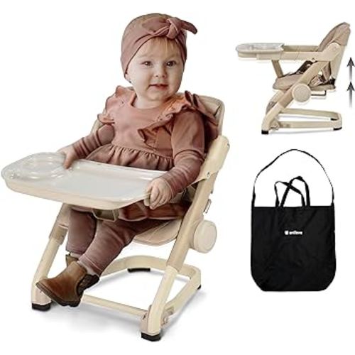 Unilove Feed Me 3-in-1 Travel High Chair Booster Seat for Infants and Toddlers - Transitional, Compact & Fits Any Chair, Swivel Tray, Milk Tea