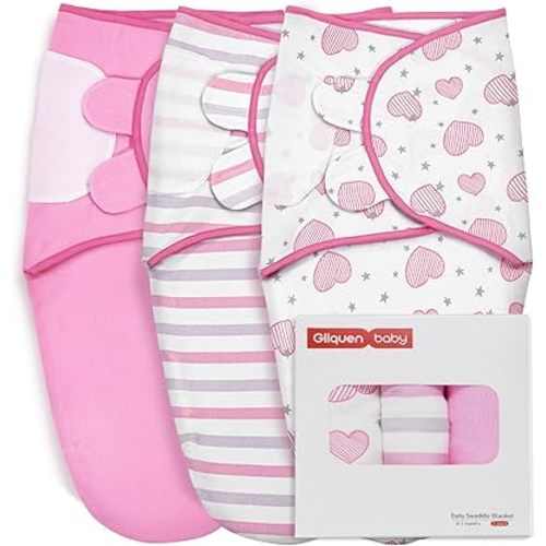 GLLQUEN BABY Swaddles for Newborns - 3 Pack Baby Swaddle Sleep Sack for Boys and Girls, Adjustable Baby Swaddle 0-3 Months, Baby Wrap Swaddle Sack, Stripes & Heart, Nursery Swaddling Essentials