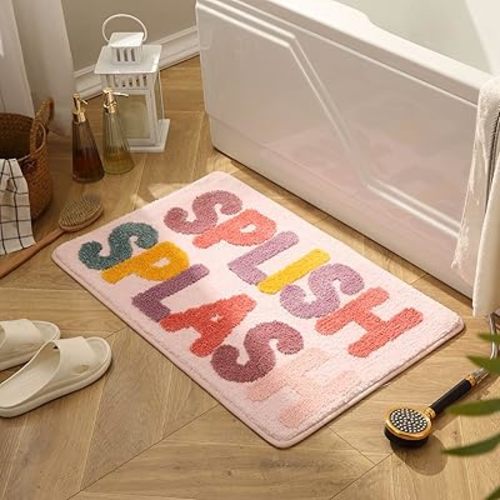 Kids Bath Rugs Microfiber Bathroom Non-Slip Mat Washable Cute Bath Mat for Kids Modern Absorbent Funny Letters (Splish-Pink, 20"x32")