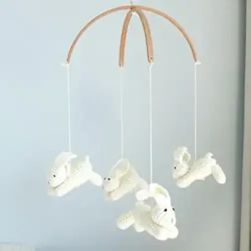 Boho Baby Crib Mobile for Boys & Girls - Neutral Nursery Decor with Handmade Crochet Bunnies & Rabbits - Wooden Hanging Mobile for Bassinet, Animal Theme Bedroom Decoration & Newborn Shower Gift