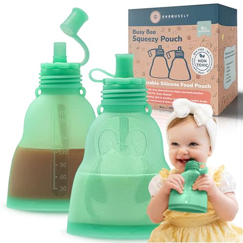 Everusely Leakproof Silicone Reusable Baby Food Pouches, BPA-Free, Dishwasher Safe, Spill-Proof Baby Food Pouches Refillable, Reusable Pouches for Toddlers, Reusable Applesauce Pouches