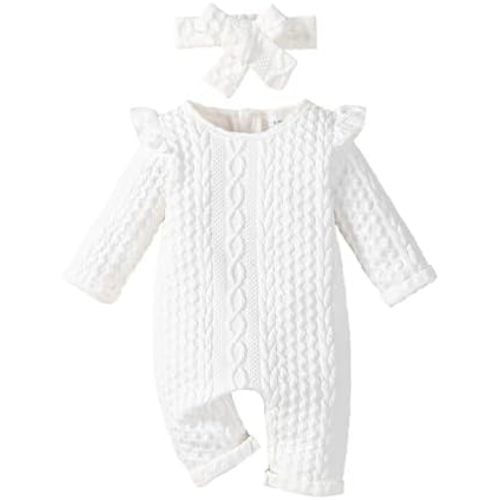 Baby Girl Knitted Romper Onesie White Jumpsuit with Hairband