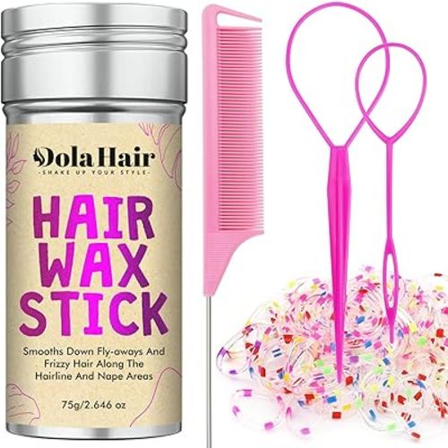 Dolahair Hair Wax Stick - Flyaway Control for Kids, Women, Hair Ties for Babies, Kids, Toddler Girls Hair Accessories Colorful Elatic Hair Bands with Hair Loop Styling Tool
