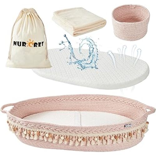 Baby Changing Basket, Foldable Portable Changing Pad, Moses Basket for Newborn, Changing Table Topper for Dresser, Cotton Rope Diaper Caddy for Travel&Nursery, Waterproof Foam Pad Cover, Pink