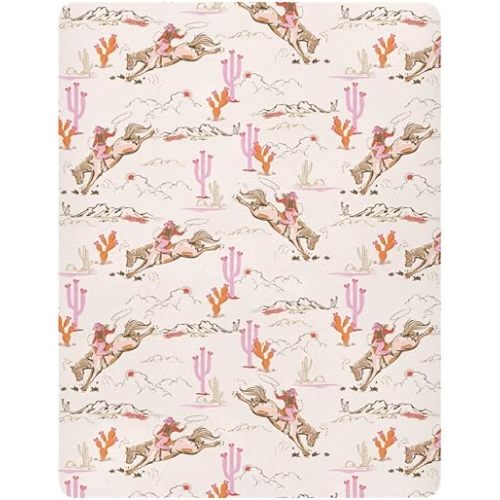Western Cowgirl Crib Sheets for Boys Girl Pink Cowgirls Horse Cactus Mountain Sunset Fitted Playard Sheets Toddler Baby Bed Sheets West Desert Unisex Mini Crib Mattress 27x39 Inch