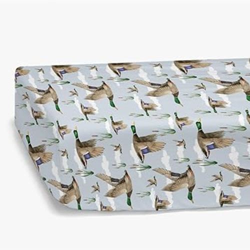 Duck Hunting Mallard Hunter Fitted Standard Crib Sheet for Baby Boy, Wild Animal Bird Reeds Blue Toddler Mattress Cover, Soft Breathable Stretchy Nursery Bed Sheets Decor Kids Gift 52" x 28"