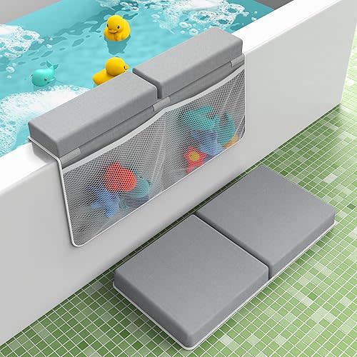 Baby Bath Kneeler and Elbow Rest Pad Set, 8 Strong Suction Cups Bath Kneeler, Widened Pockets Baby Bathing Mat Babyes Bathses Kneelering, Machine Wash Kneeling Pad for Bathing Babyes