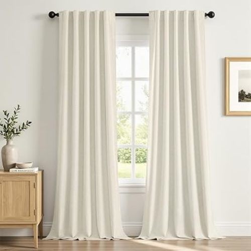 MIULEE Linen Textured 100% Blackout Curtains White Backing 84" Long Cream
