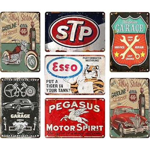 7 Pcs Vintage Metal Tin Garage Signs,Vintage Metal Tin Signs Retro Garage Signs For Men Wall Decorations Old Car Shop Posters Oil And Gas Station Sign Man Cave Decor 8×12 Inch(7pcs)