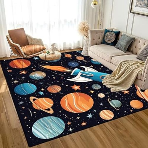 Space Rug for Kids Room Rocket Rugs Cartoon Stars Carpet Galaxy Planet Printed Throw Rugs for Boys Children Bedroom Living Room,39 in x 79 in