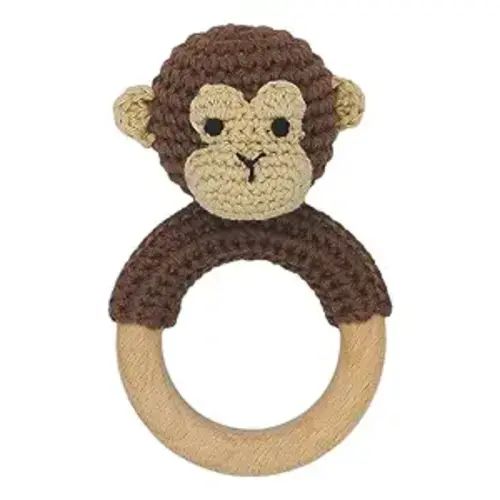 Joliecraft Safari Animals Wooden Baby Rattle Toys Stuffed Crochet Rattle with Teether Ring for Newborn, Brown Monkey