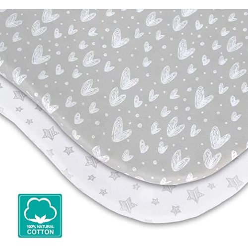 Bassinet Sheets Compatible with Mika Micky Bedside Sleeper, (2 Pack), 100% Jersey Knit Cotton Fitted Sheets, Grey Hearts and White Stars Print for Baby - Gray - for Mika Micky Bedside Sleeper