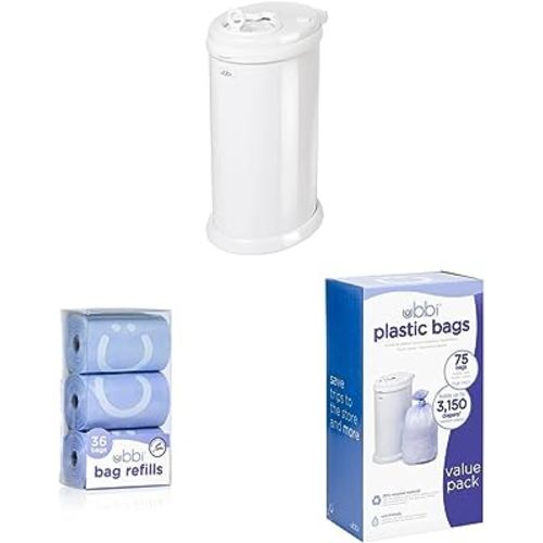 Ubbi Steel Odor Locking, No Special Bag Required Money Saving, White & On-the-Go Refill Bags, Lavender Scented, Value Pack of 36 & Disposable Diaper Pail Plastic Bags, Value Pack, 75 Count