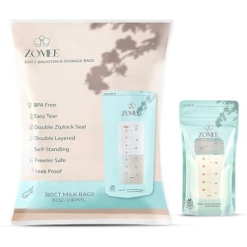 Zomee Disposable 8 oz Breast Milk Storage Bags w/Double Zipper Seal – Count – Leak-Proof – Self-Standing Breast Milk Storage Solution for Fridge or Freezer - Mutiple count Packs (Pack of 360)