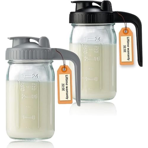 2 Pack 32oz Glass Pitcher with Lid & V-shaped Pour Spout - 1 Quart Breastmilk Pitcher Double Leak Proof, Creamer Container for Sun Tea, Juice, Cold Brew Coffee, Breastmilk Storage Container