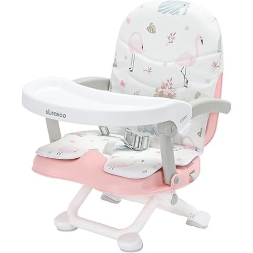 2in1 Portable Toddler Booster Seat, Grow with Baby Booster Seat for Dining Table with Removable Tray & Seat Pad, high Chair for Travel, ACE1013 Pink Flamingos