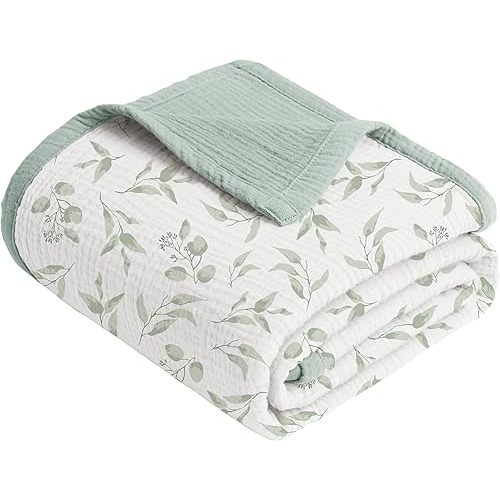 Konssy Muslin Baby Blankets, 100% Cotton Quilt Blankets for Baby Infant Toddler, Soft and Lightweight Nursery Crib Blanket for Baby Boys and Girls 43"x40" (Green Leaves)