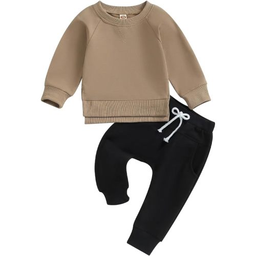 AEEMCEM Baby Boy Girl Clothes Toddler Fall Winter Outfits Solid Color Crewneck Sweatshirt and Jogger Pants Set - B-khaki Black - 12-18 Months