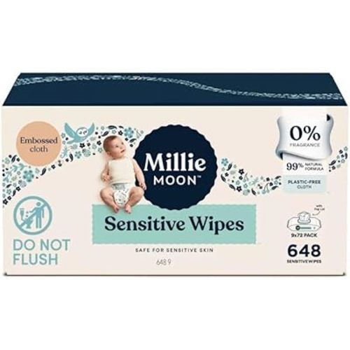 Millie Moon Sensitive Baby Wipes, 648 Count, 9 Packs of 72 Wipes(1Box)