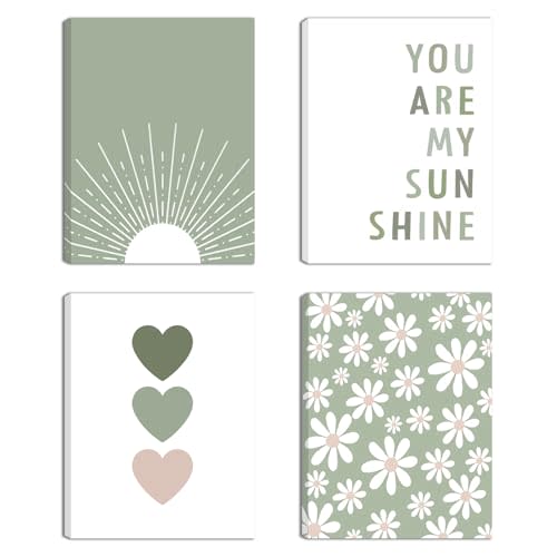 Boho Wall Art Set of 4 Sage Green Nursery Wall Decor You Are My Sunshine Canvas Painting Prints Daisy Flower Cute Heart Pattern Posters Baby Room Pictures for Bedroom Kid Girls Room 12x16 In Framed