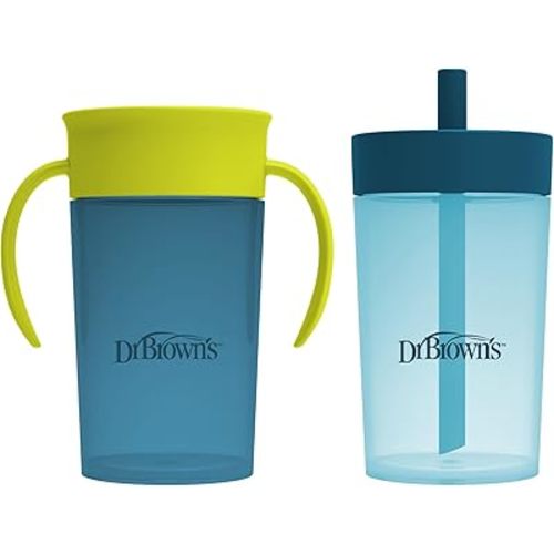 Dr. Brown's Milestones Straw to 360° Cup Set, Convertible Toddler Training Cup Set with Interchangeable Silicone Straw and 360 Degree Cup Lids, Blue Green, 10 oz/300 mL, BPA Free, 9m+, 2 Pack