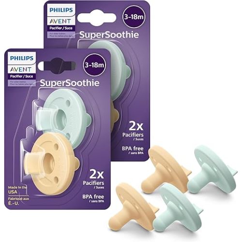Philips Avent Soothie 3-18 Months Orthodontic Baby Pacifiers, 100% Silicone Pacifiers, One Piece, BPA-Free, 2 Green and 2 Yellow, 4 Pack, Model SCF192/72