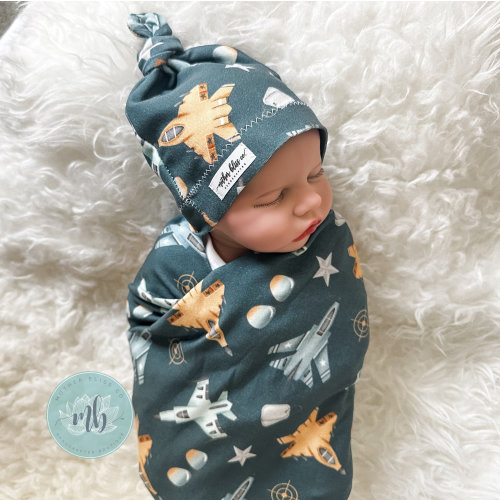 Wingman Jets + Planes Swaddle Blanket with Coordinating Knotted Hat | Airplane Soft Blanket Set | Newborn Baby Swaddle Blanket