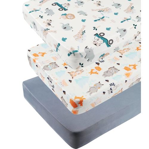 Pack n Play Sheet Stretchy Fitted Portable Mini Crib Sheets Set 3 Pack,Playard Sheets Convertible Playard Mattress Cover,Ultra Soft Jersey Material,Elephant Tiger,Fox & Grey