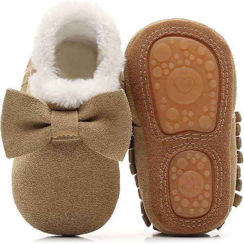 HONGTEYA Baby Moccasins with Fur Fleece Rubber Soles Warm Snow Boots Leather Baby Shoes for Boys Girls…