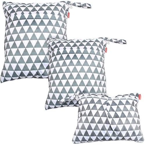 Damero 3pcs Travel Wet Dry Bag with Handle for Cloth Diaper, Pumping Parts, Clothes, Swimsuit and More, Easy to Grab and Go, Triangle