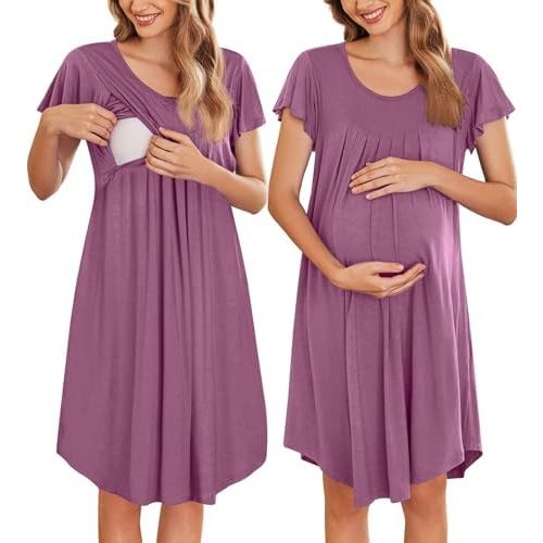 Ekouaer Nursing Nightown Labor and Delivery Gown for Hospital Pleated Breastfeeding Dress Short Sleeve Maternity Sleepwear
