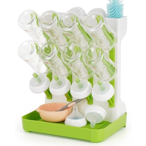 Baby Bottle Drying Rack, Space Saving Baby Bottle Organizer for Countertop, Vertical Bottle Dryer Holder with Brushes Holder, Large Bottle Storage Holder 12 Bottles & Baby Accessories Green