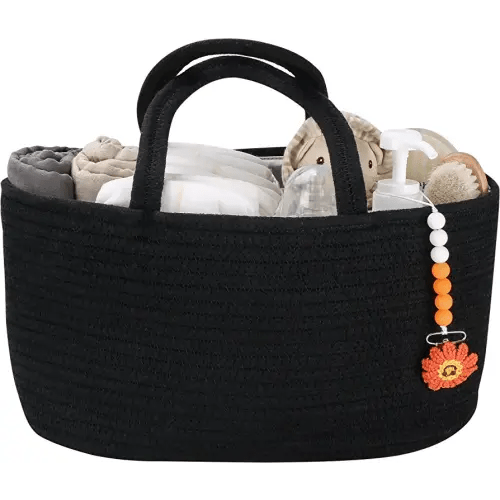 Baby Diaper Caddy Organizer for Girl Boy Cotton Rope Nursery Storage Bin Basket Portable Holder Tote Bag for Changing Table Car Travel Baby Shower Gifts Newborn Essentials Registry Must Haves Black