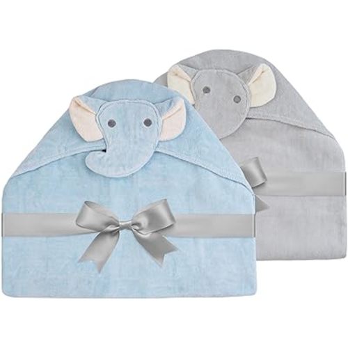 Mooreeke 2 Pack Baby Hooded Towel with Unique Animal Design Cotton Bath Towel for Babies Ultra Soft Absorbent Baby Washcloths for Newborn Essentials (Elephants)