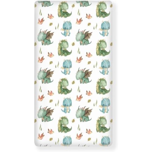 Cute Dragon Fitted Crib Sheet Fantasy Watercolor Green Blue Animal Standard Crib Mattress Fitted Sheet Orange Bird Toddler Bed Mattress Sheets Crib Mattress Sheet 28"x52"