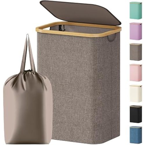 Lifewit 80L Large Laundry Basket with Lid, Removable Bags, Brown