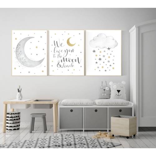Nursery wall art grey, gray gold nursery, nursery decor neutral, baby room decor gender neutral, moon and stars, grey gold, baby room art