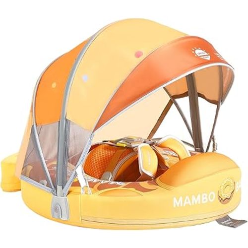 Mambobaby Float with Canopy and Tail New Upgraded Non-Inflatable Baby Pool Float Mambo Float Swim Trainer Solid Infant Swim Float Adjustable Pearl Foam Baby Swim Ring