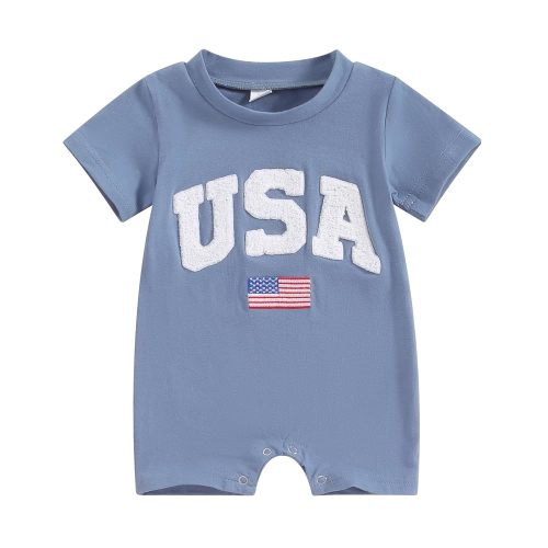 4th of July Baby Outfit Newborn Boy Usa Romper Letter&Flag Embroidery Short Sleeve Jumpsuit One Piece Summer Clothes