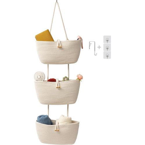 TeoKJ Over the Door Hanging Baskets with Button Strap, 3-Tier Woven Cotton Storage Organizer Bag, Wall-Mounted with Hook Decorative Hanging Kitchen Baskets - White