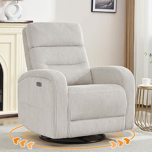 Swivel Glider Recliner for Nursery, Power Rocking Recliner with USB and Type-C Port, Nursery Swivel Recliners for Living Room, Camel Corduroy